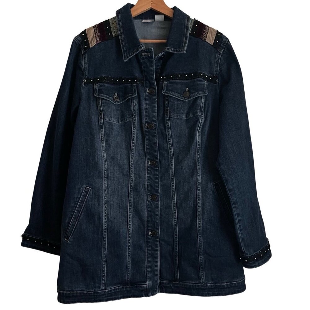 Chicos Womens Boho Embellished Denim Jacket Size 2 Festival Western Chic Indie